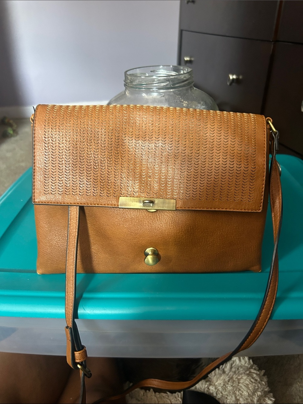 LC Lauren Conrad Tan Textured Flap Crossbody Bag with Gold Hardware